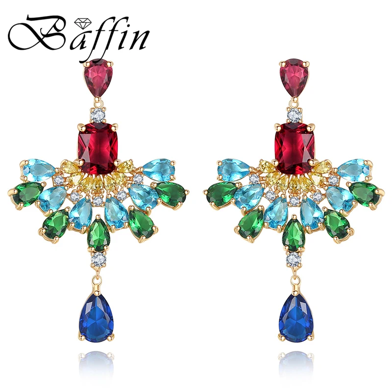 

BAFFIN Hyperbole Colorful Crystals Drop Earrings Gold Color Hanging Rhinestones Max Piercing For Women Party Statement Jewelry