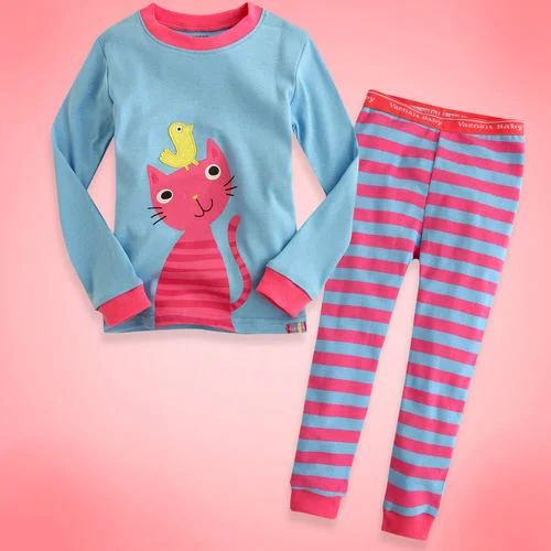 kids cat stripe pajamas/pyjamas, little girls 100 cotton long sleeve