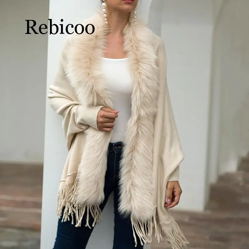 

Cardigan knitted sweater women 2019 Casual streetwear Fringed cloak shawl fur collar cloak cardigan sweater ladies shawl sweater