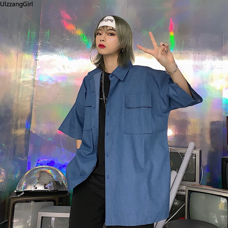 

Solid Denim Pocket Loose Oversized Blouse Korean Streetwear Harajuku Summer Casual Top Shirt Summer Short Sleeve Vintage Blusas