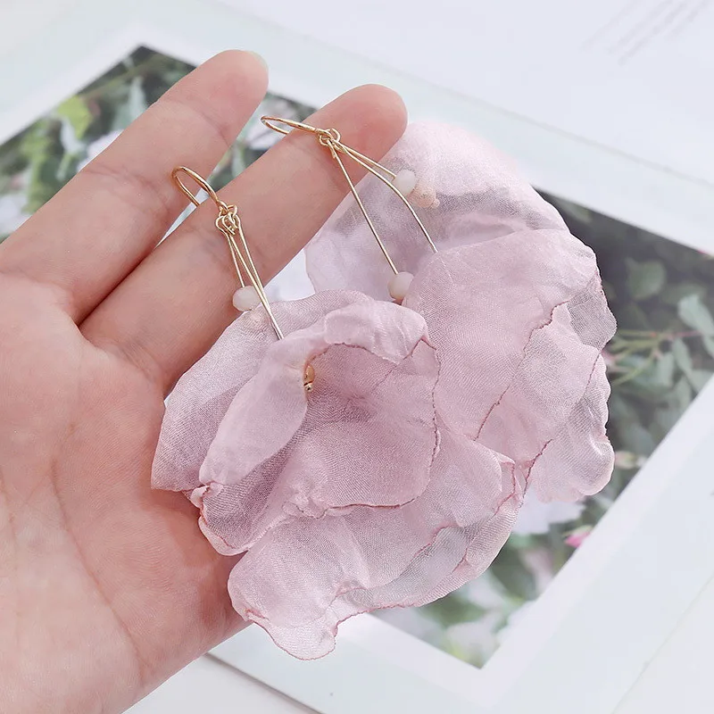 

Bohemia Long Big Fabric Yarn Multi-layer Flower Pearl Dangle Drop Hook Earrings Handmade Statement Irregular Summer Jewelry