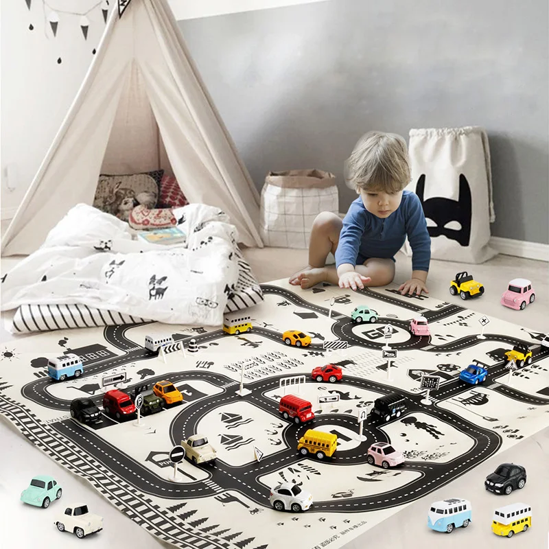 130*100CM Enlarge Car Toy Waterproof Playmat Simulation Toys City Road Map Parking Lot Playing Mat Portable Floor Games For Kids 130 100cm kids portable car city scene taffic highway map play mat parent child educational toys for children games road carpets