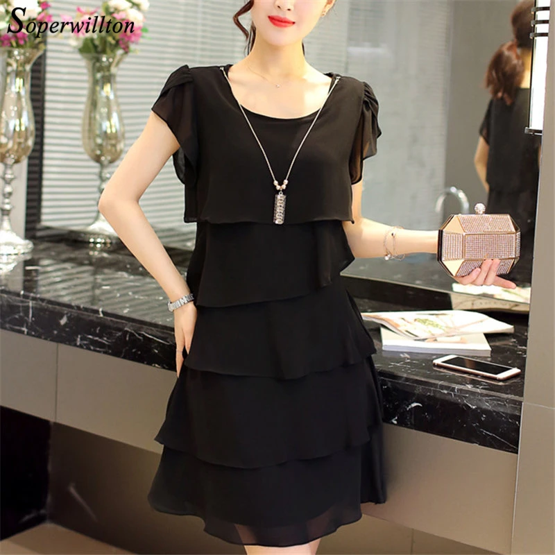 

Plus Size Summer Dress Women Short Sleeve layered Dress Female 2019 Spring Casual Dress Lady vestidos Blue Black 4XL 5XL