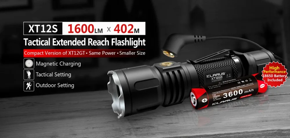 

KLARUS XT12S Tactical LED Flashlight 1600 Lume CREE XHP35 HI D4 LED Torch with USB charging +3600mAh 18650 Battery for Hunting