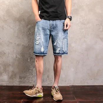 

Fashion Casual Punk Mens Short Jeans Brand Baggy Ripped Straight Short Denim Pants Pockets Hole Jean Hombre