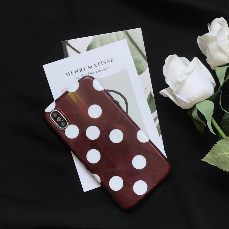 

Retro Polka dots patterned phone shell red wine color for iPhone X case iPhone XS for Lady glossy case with free bracket gift