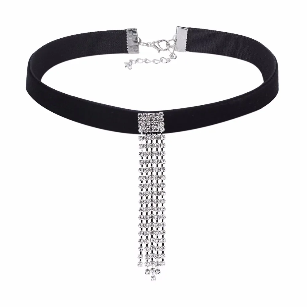 

Black Goth Choker Necklace Women Fashion Velvet Chokers Necklaces & Pendants Long Tassel Necklace Party rhinestone Choker NR3665
