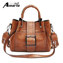 Amarte PU Leather Women Handbag Scurb Leather Women Shoulder Bags Metal Handle Casual Tote Bag Women Vintage Bucket Shoulder Bag metal ring pu leather tote bag