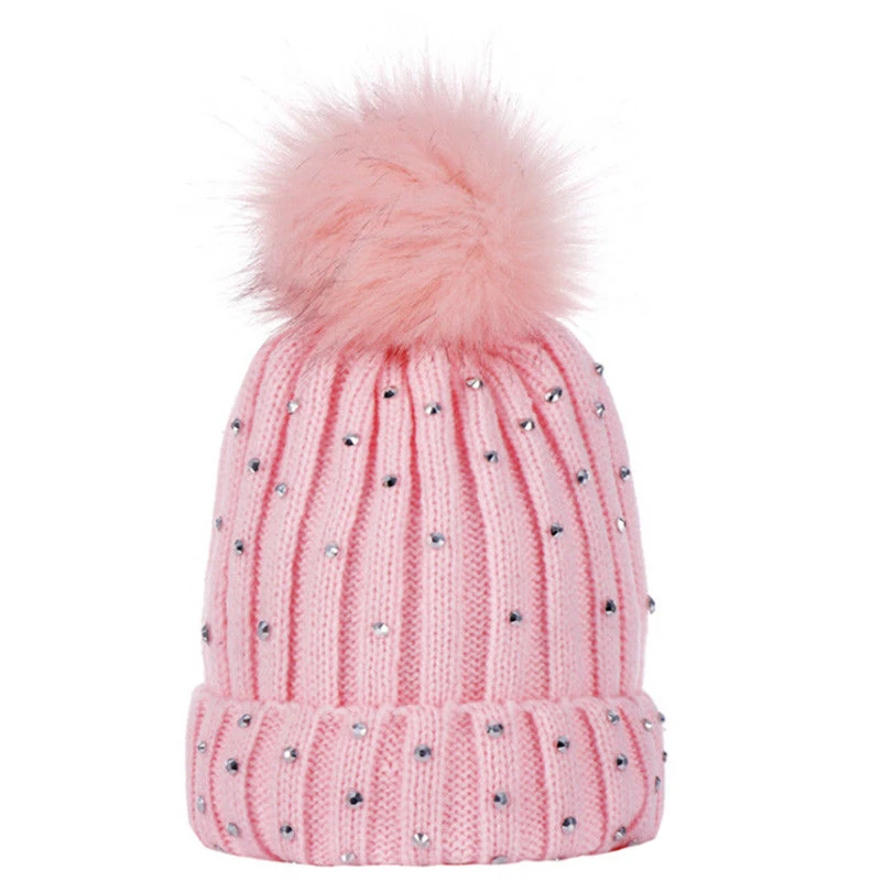 Модные стразы детская зимняя шапка для маленьких девочек с помпонами теплая вязаная шапка для новорожденного детская шапка для девочек милые детские шапки