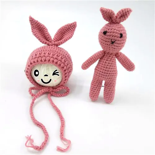 Puseky/милые костюмы, одежда для малышей, реквизит для фотосъемки, вязаная вязаный крючком шапка маленьких мальчиков девочек, игрушка с кроликом, реквизит для фотосъемки, подарок на возраст от 0 до 2 м - Цвет: pink