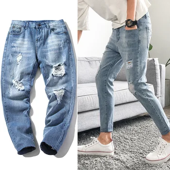 

Spring Summer New Fashion Casual Denim Pants Men's Slim Hole Cotton Jeans High Qulity Denim Cloth Ankle Length Pencil Pants