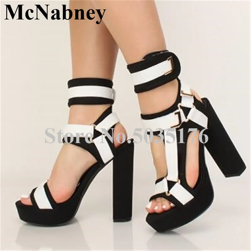 

2019 European Fashion Flock Metal Peep Toe Sandals T-tied Ankle Strap Platform Hook And Loop High Hoof Heel Sandals Women Shoes