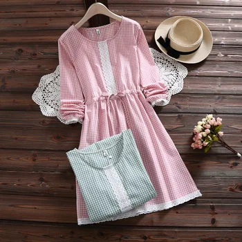

Japanese Mori Girl Lolita Hippie Boho Vintage Plaid Lace Patchwork Embroidery Cotton Vestidos Robe Femme Women Spring Dress
