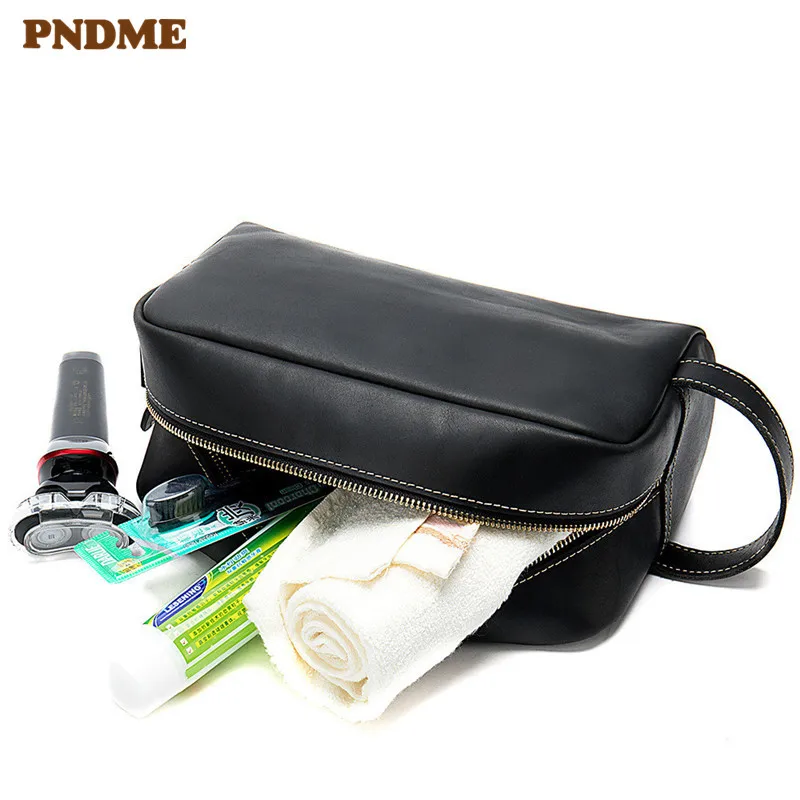 

PNDME high quality casual simple genuine leather black men women clutch bag travel wash bag multi function storage bag handbag