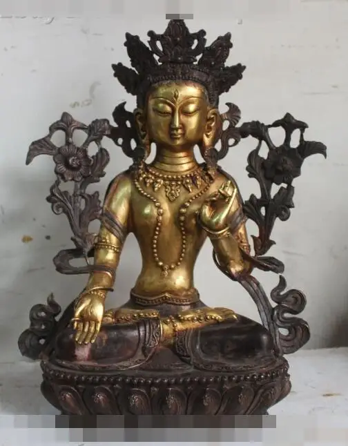

S5173 15" Chinese Tibet Bronze Gilt White Tara Goddess Kwan-yin Buddha On Lotus Statue