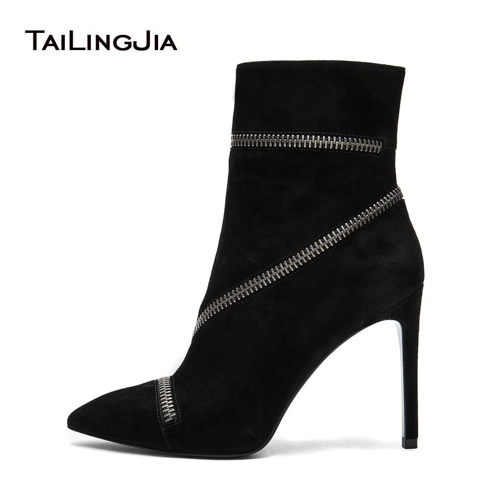 Bout Talon Dames Grande Chaude Gros Pointu Fermeture Suede Haute Chaussons Femmes Black Noir Cheville Stiletto Éclair 2018 Doublure Taille En Faux Bottes XaxIwEq7f