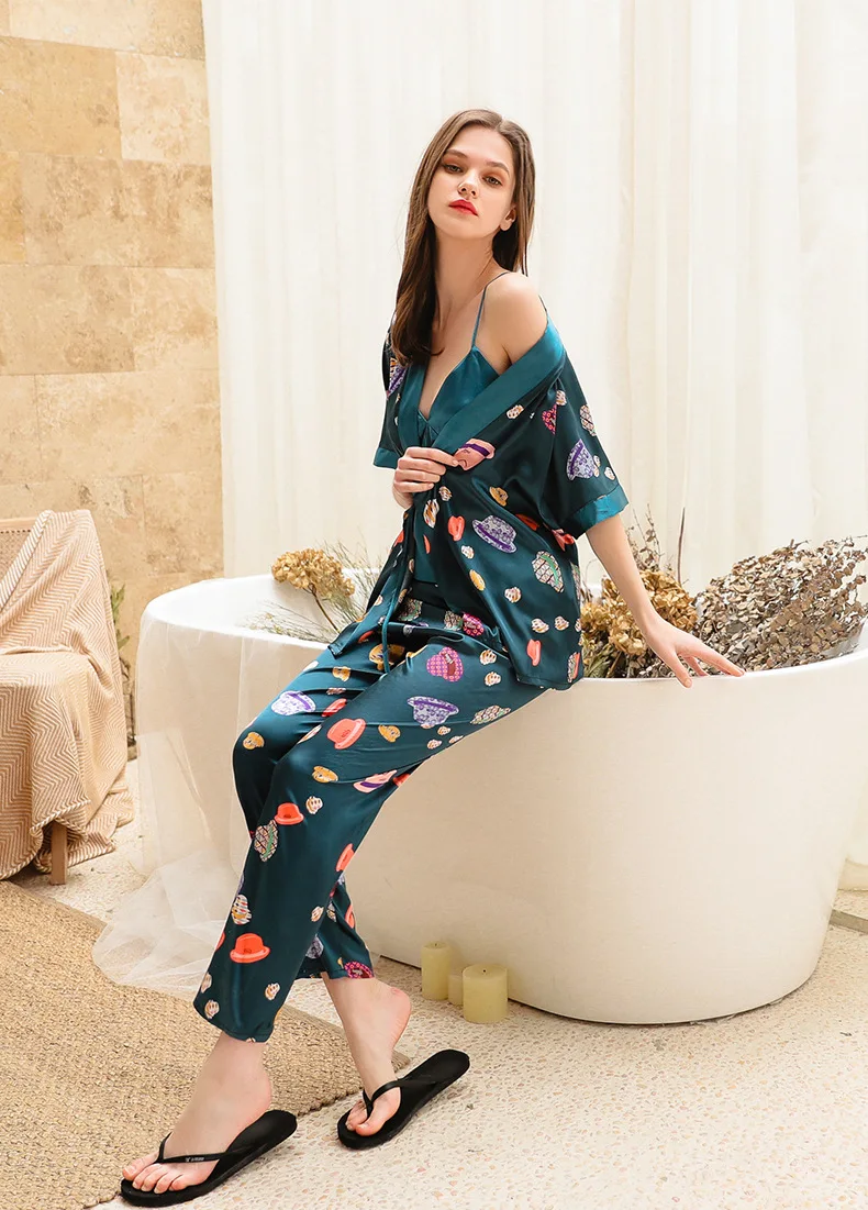 Daeyard шелковые пижамы для женщин милый мультфильм комбинезон печати пижамы Сексуальное белье с цветочным узором 3 шт. пижамный комплект повседневная домашняя одежда