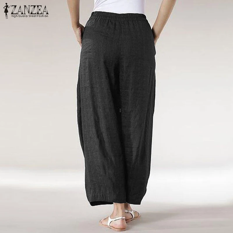 ZANZEA женские летние штаны-шаровары с эластичной резинкой на талии, повседневные широкие брюки с карманами, брюки размера плюс, однотонные брюки, женские брюки