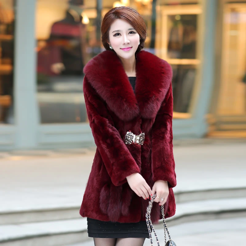 2017 Luxury Genuine Real Rex Rabbit Fur Coat Winter Women Outerwear Coats Fox Collar Lady Overcoat 0707 | Женская одежда