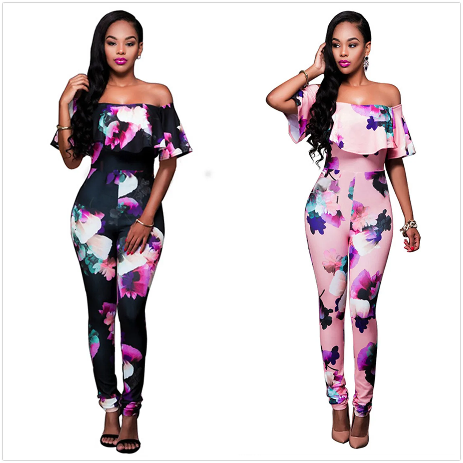 Flower Printed Yoga Jumpsuit Sexy Horizontal Neck Sports Fitness Jumpsuits Loose Sleeve Full