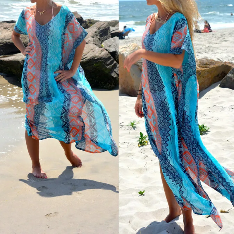 Chiffon Beach Dress geometric blue beachwear Swimming Cover Ups beach