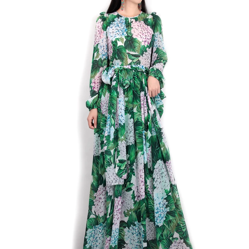 

New Arrival Muyoms Vintage Pleated Print Full Sashes Ankle-length Puff Sleeve Empire O-neck Autumn Dress For Women