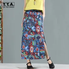 Женские юбки в народном стиле из хлопка и льна с принтом граффити новые брендовые эластичные прямые юбки с разрезом сбоку Женские винтажные юбки