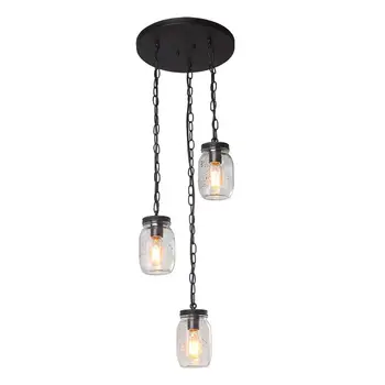 

HAIXIANG LED 3-Lights Dark Bronze Lighting Mason Clear Glass Jar Shade Pendant Light for Kitchen Bedroom Hallway Ceiling Lamp
