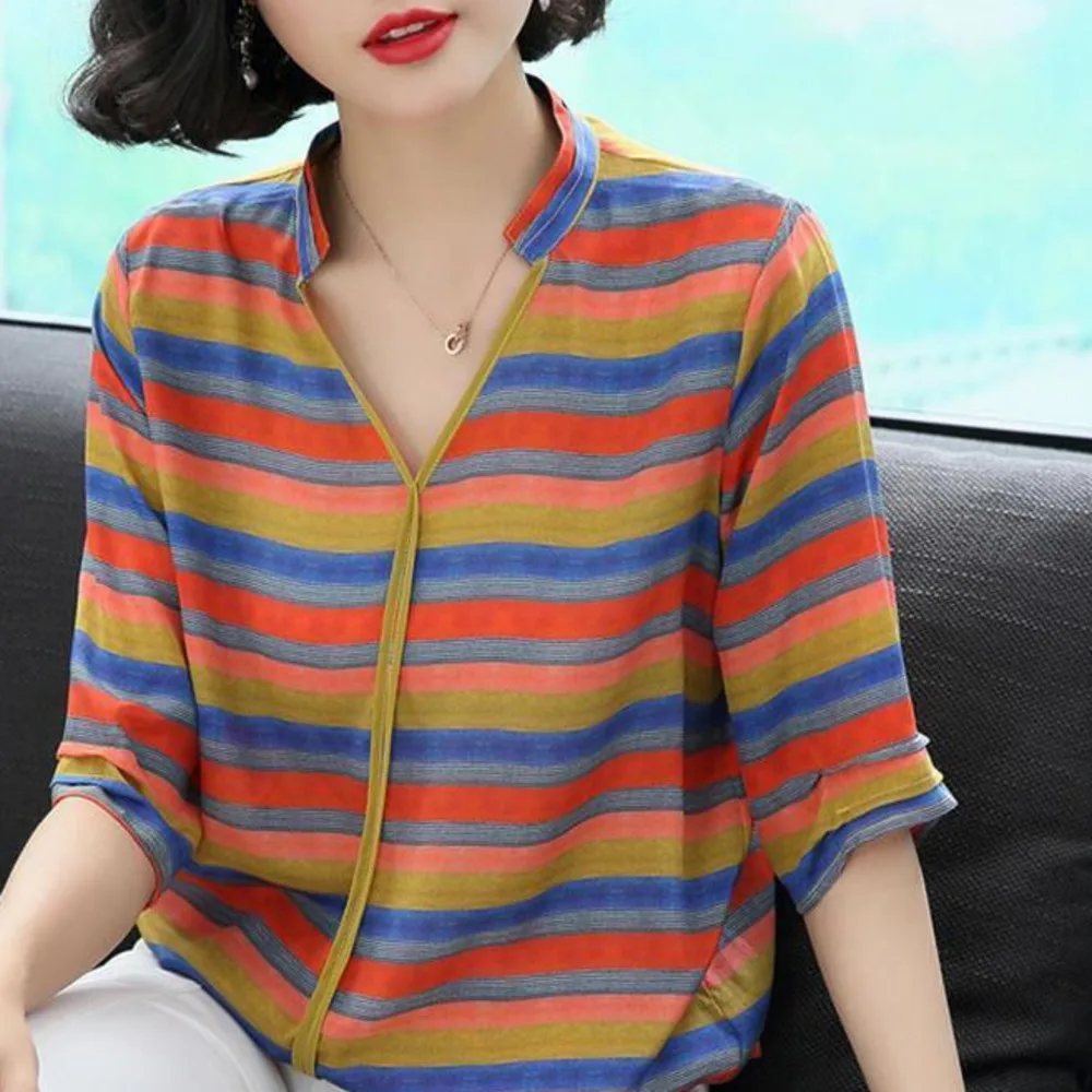 

Striped Blouse Personality Summer Loose Blouse Women Splice Red Casual Tops Plus Size Loose Casual Office Shirt