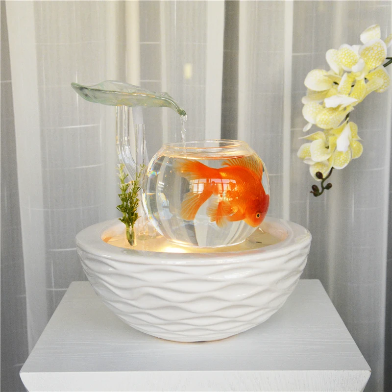 Kopen 100 220 v Keramische Vaas Bloem Fontein Feng Shui Desktop Ornament LED Licht Lucky Home Decor Luchtbevochtiger glazen Aquarium