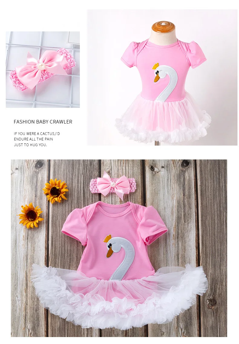 06Baby Girl Rompers Jumpsuit Dress Sets Summer Clothes Swan Short Sleeve Bowknot Headband Infant Girl Costume Kids Dress Body Baby Newborn Bodysuit Baby Girl Onesie yk024
