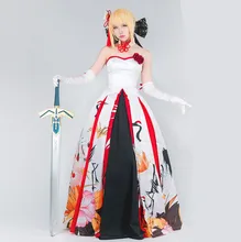 Anime Fate Stay Night UBW Zero Sword Saber Cosplay Costumes White Black Red Dress Custom Made Wedding Dress Costume Full Set