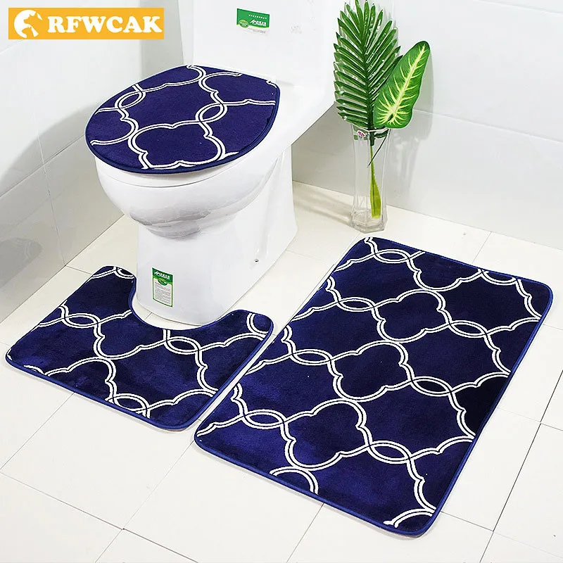 

RFWCAK 3pcs/set Flannel Print Non Slip Toilet Bathroom Pad Floor Mat Rug Carpet Absorbent Pedestal Rug Lid Toilet Cover Bath Mat