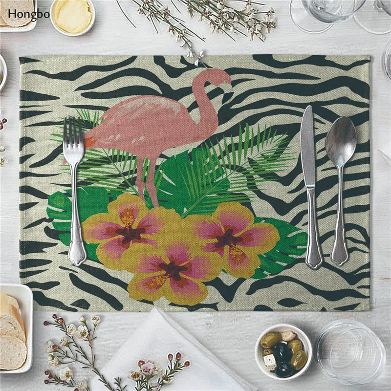 Linen Placemat Flamingo Tropical Plants Pattern Dining Table Mat Cloth Table Napkins for Wedding Kitchen Coffee Cup Mat Party De