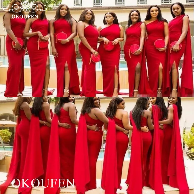 

One Shoulder Red Bridesmaid Dresses With Cap Ribbon 2019 Mermaid Side Split Long Formal Dress For Wedding Party Gown