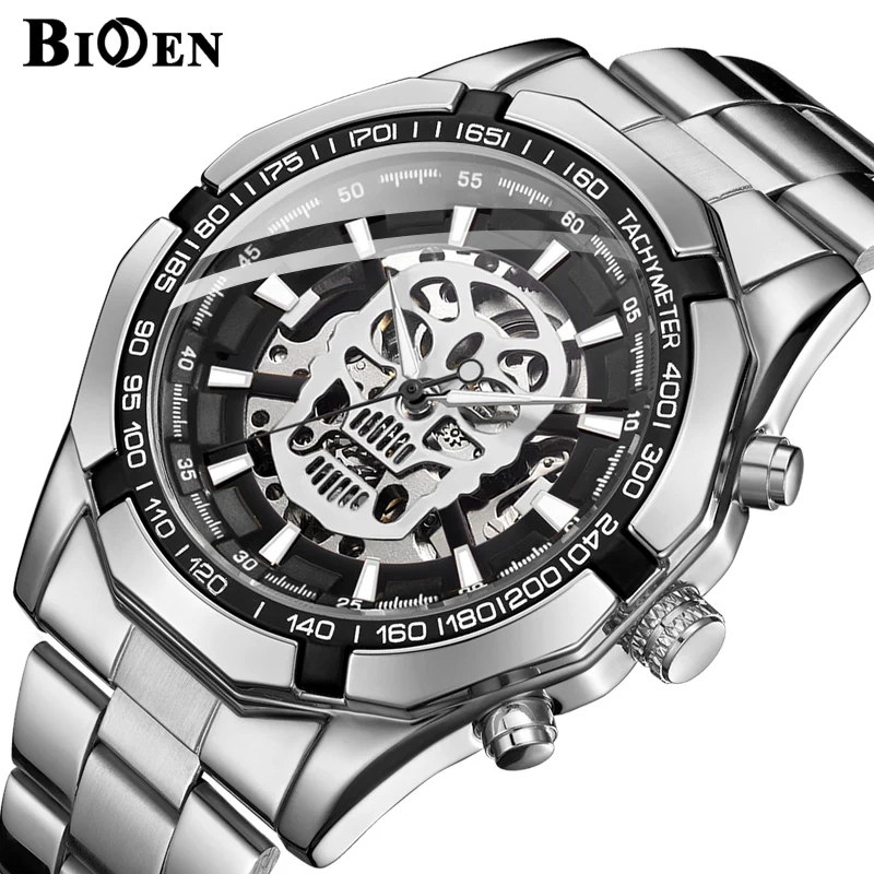 Новые модные механические часы мужские череп дизайн Топ бренд серебро Нержавеющая сталь ремешок Скелет Человек Авто наручные часы