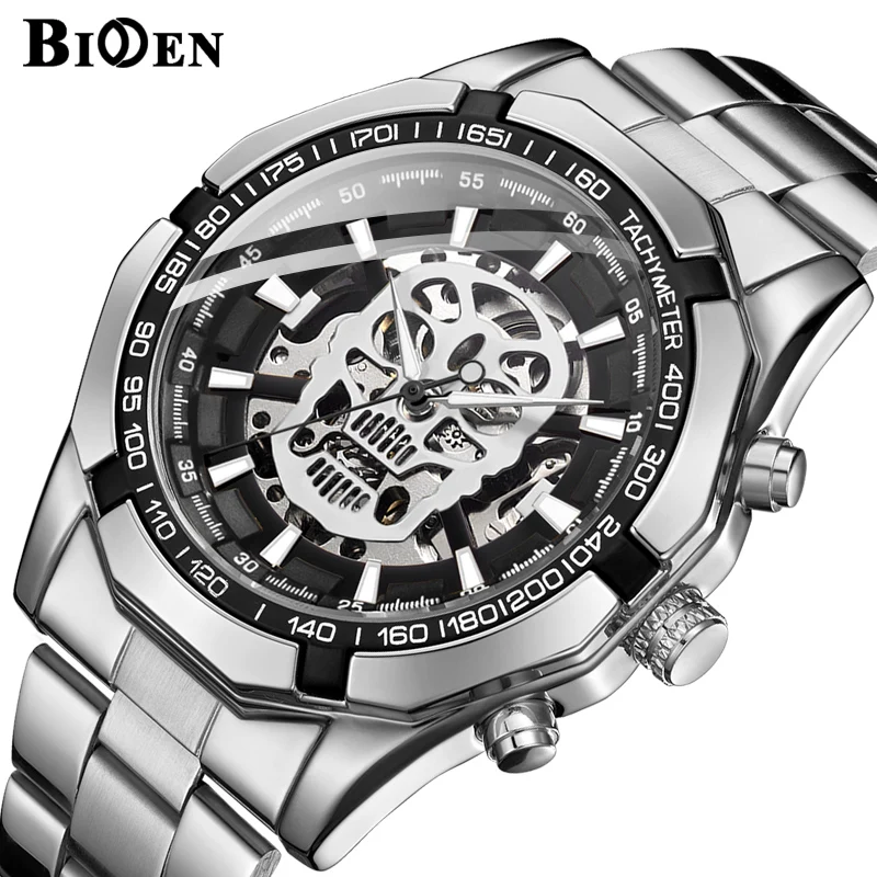 

New Fashion Mechanical Watch Men Skull Design Top Brand Silver Stainless Steel Strap Skeleton Man Auto Wrist Watch