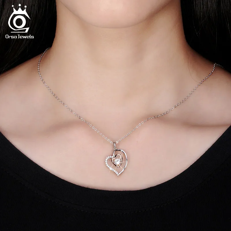 ORSA JEWELS Genuine 925 Silver Double Heart Pendant Necklace with 0.3 ct Crystal Rhodium mixed Rose Gold Color Necklaces SN15 - Image 6