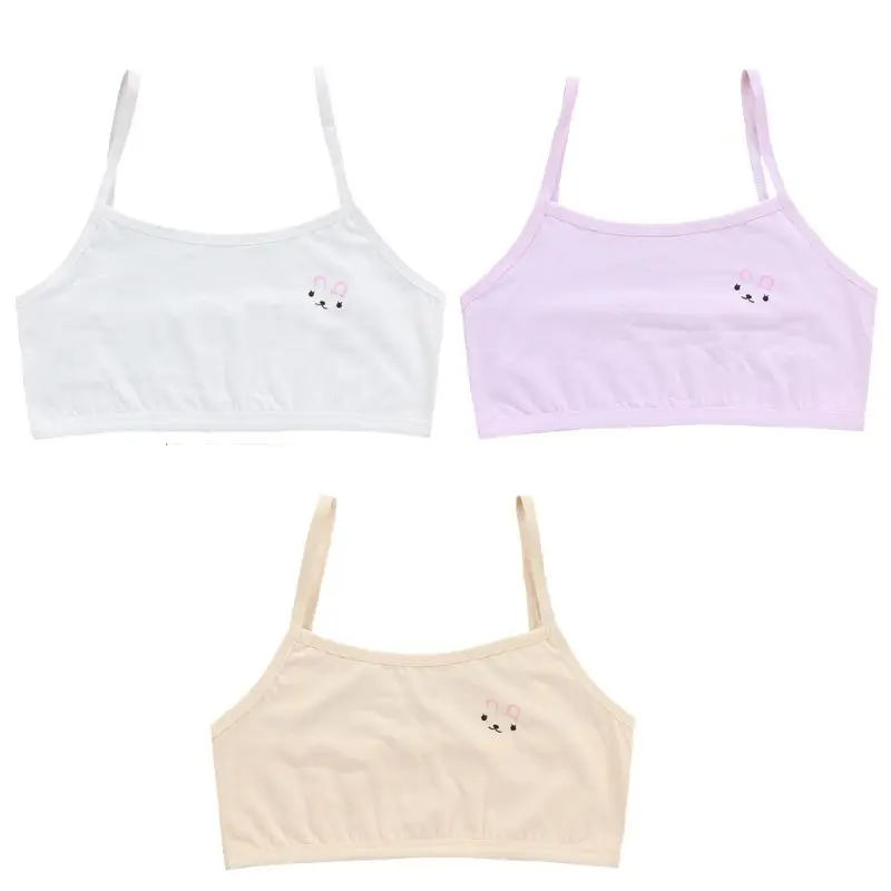 

KLV Teenage Puberty Girls Solid Color Double Layer Underwear Bra Spaghetti Strap Cute Cartoon Rabbit Bralette Summer Basic Bras