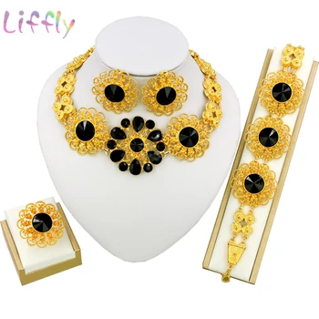 

Necklace Earring Ring Bracelet African Women Jewelry Set 2019 Yellow Tone Black Flower Golden Accessories Female Wedding Jewelry