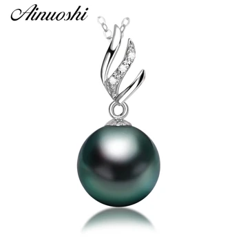 

AINUOSHI 925 Sterling Silver Women Necklace Pendants Natural South Sea Black Tahiti Pearl 10mm Round Pearl Christmas Pendants