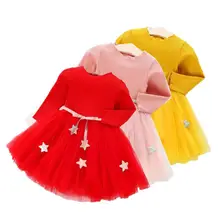 Christmas New Year dresses for baby girls clothing Knitted tutu dress Pentacle belt long sleeve party Vestidos clothes children