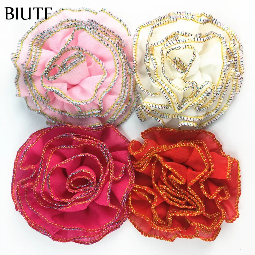 

10pcs/lot Chiffon Overlocked Stitch Pompom Flower With Hair Clip Girl Hairband Accessories 28 Colors TH225