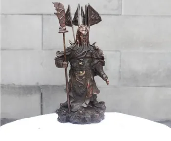 

YM 317 Chinese Bronze Copper Guan Gong toting five banners Dragon Sword Statue