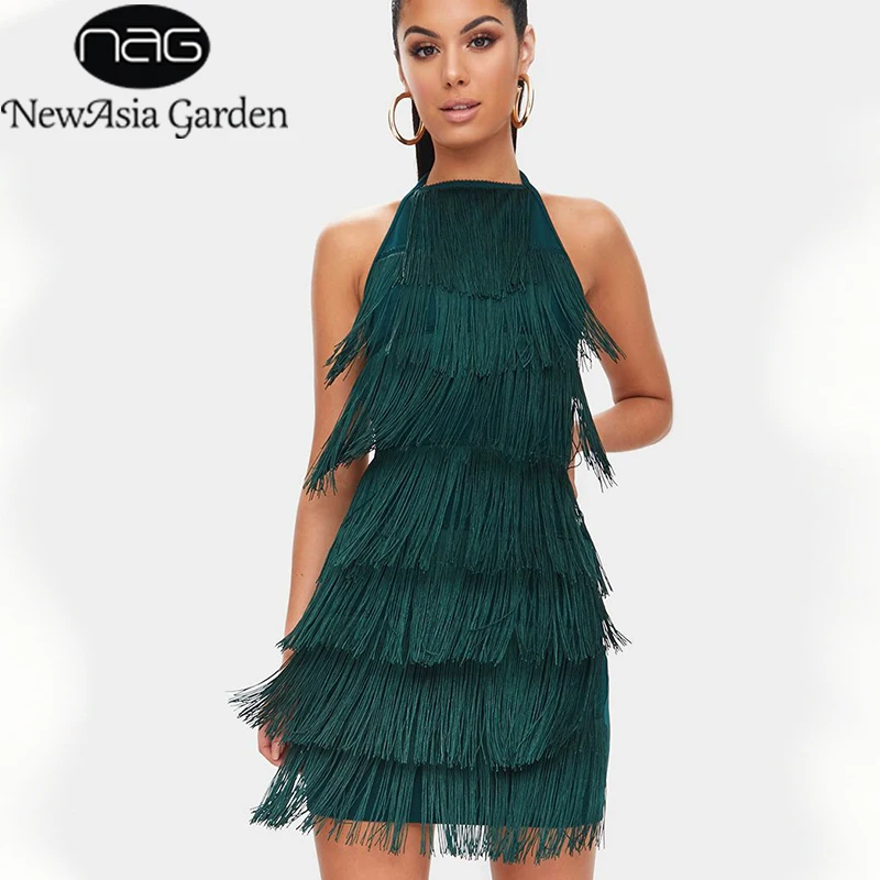 

NewAsia Garden Tassel Bandage Dress Women Sexy Party Dress Autumn Backless Halter Bodycon Dress Black Dresses Vestidos 2018 New
