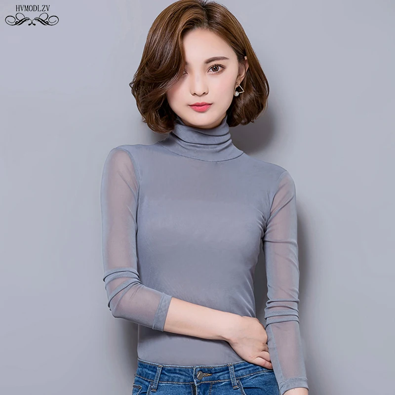

Women T-shirt 2019 Spring New Self-cultivation Wild Solid Color Fashion Lace Bottoming Long-sleeved High-necked Tops Jacket H213