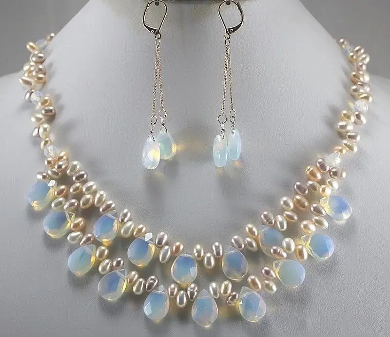 

shipping2015 NEW trendy jewelry white opal drops & pearl necklace earring sets