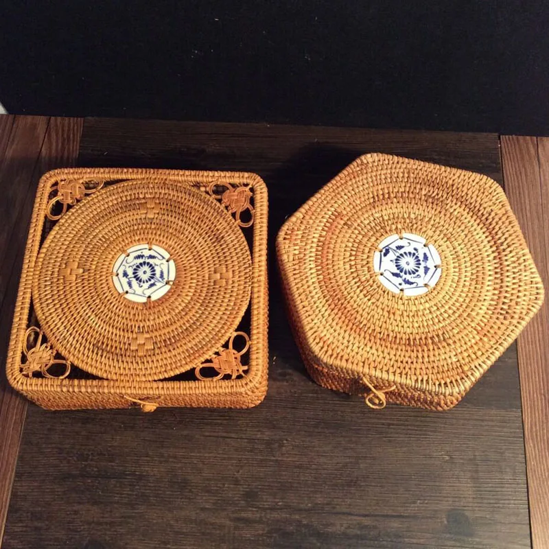 Vietnam Autumn rattan Rdensely knitted Pu 'er tin tea box organizer square tea tin storage box Elegant quality Jewelry Box gift