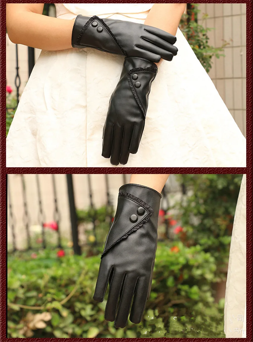 2018 Модные женские перчатки из искусственной кожи кружевные Кнопки украшения сенсорный экран перчатки теплые водительские велосипедные