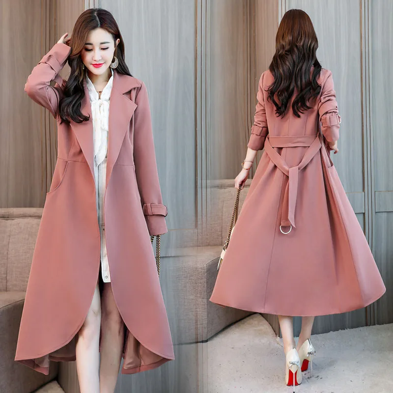 

Big swing windbreaker female 2019 new women Korean slim long trench coat lady spring autumn solid irregular outwear with belt d0
